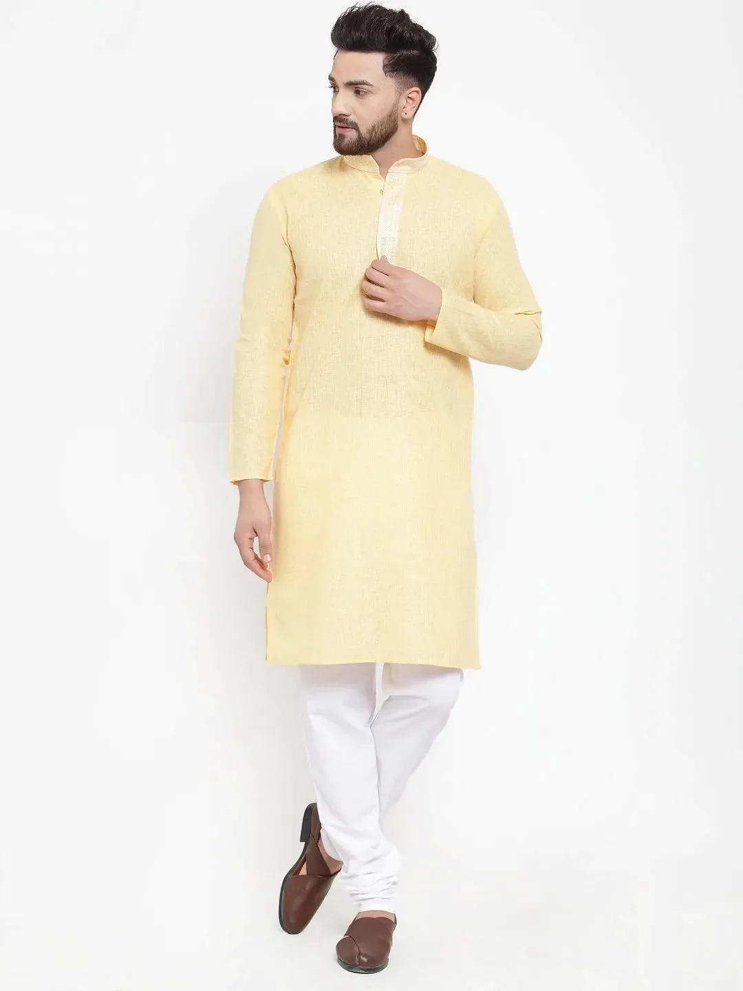 Men Yellow & White Embroidered Kurta Only