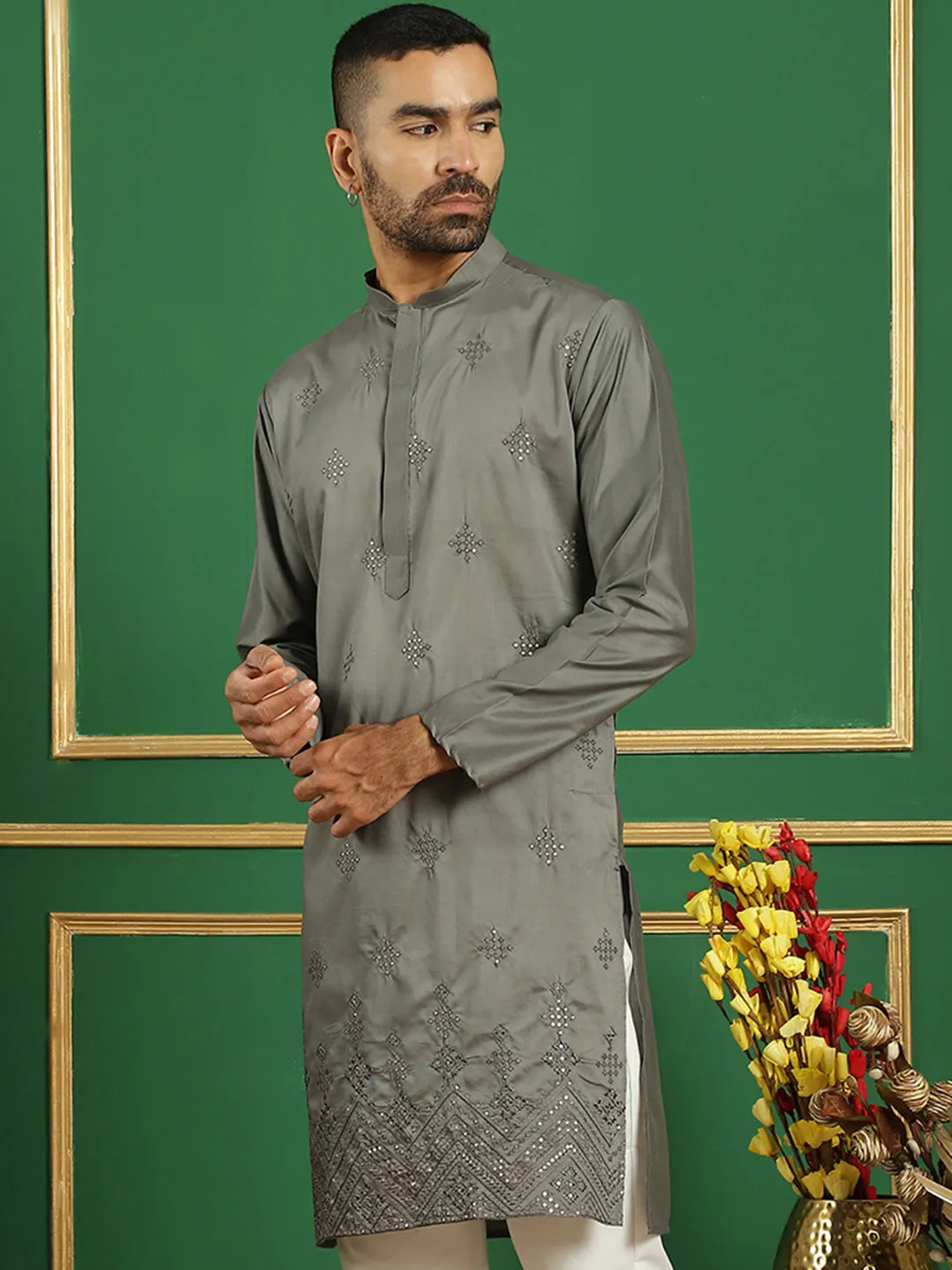 Men Yellow Embroidered And Sequence Kurtas