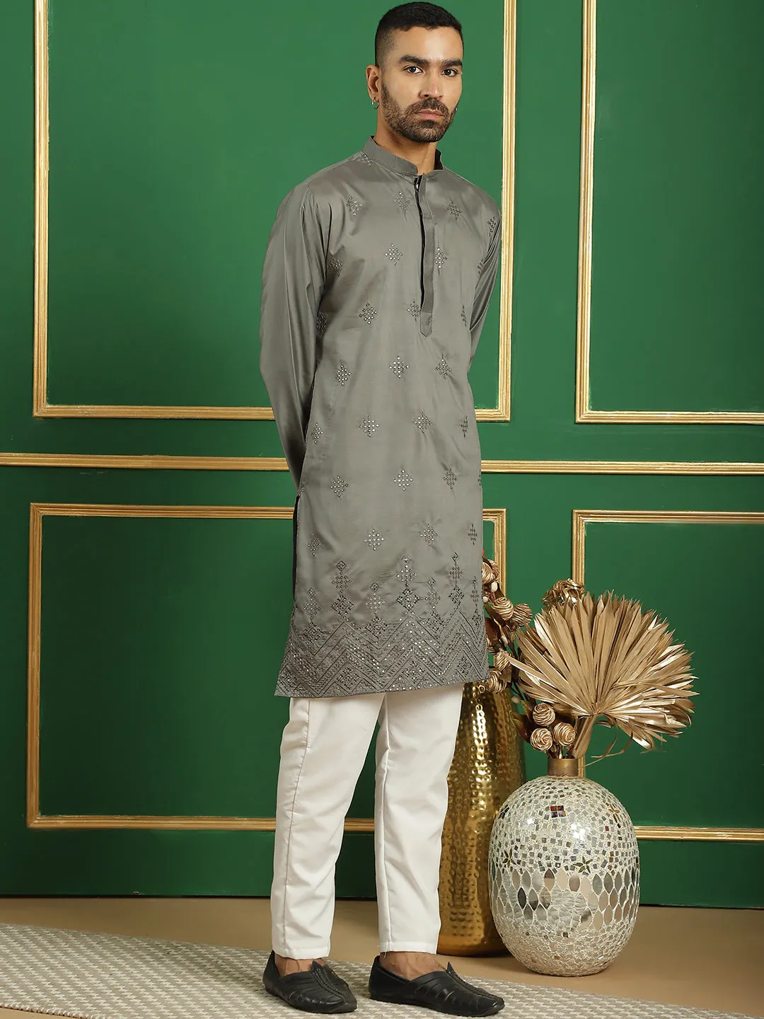 Men Yellow Embroidered And Sequence Kurtas