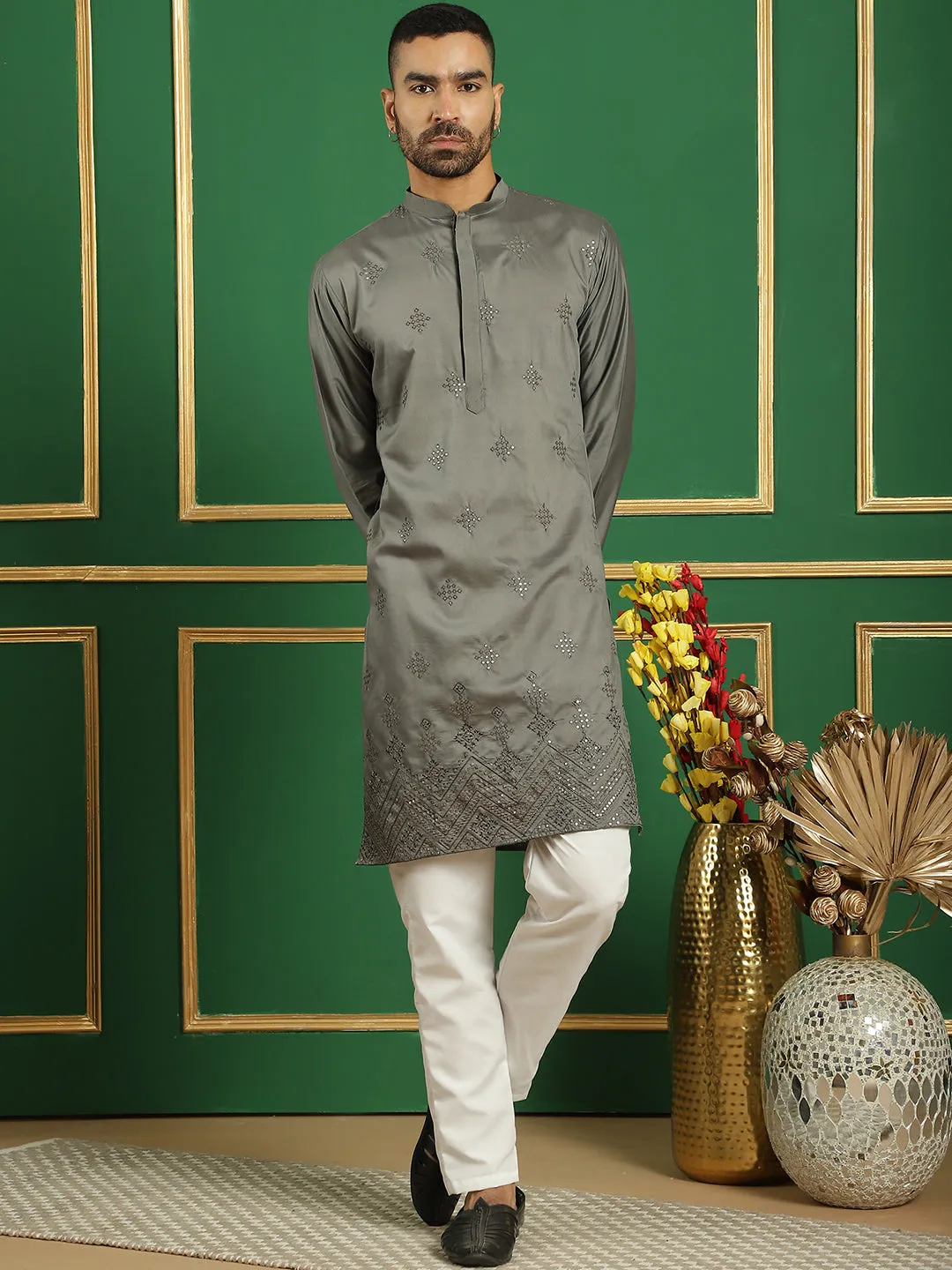 Men Yellow Embroidered And Sequence Kurtas