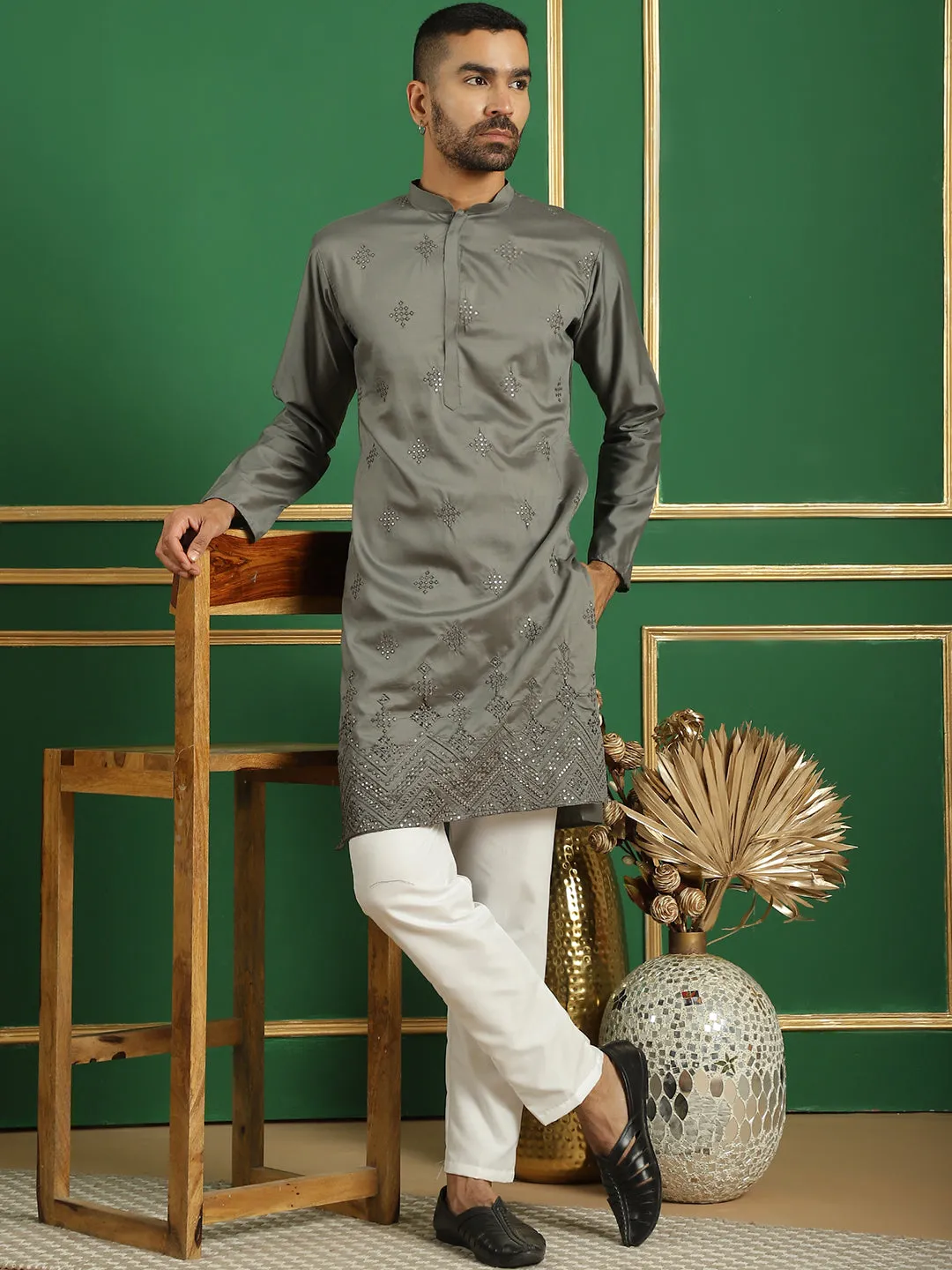 Men Yellow Embroidered And Sequence Kurtas