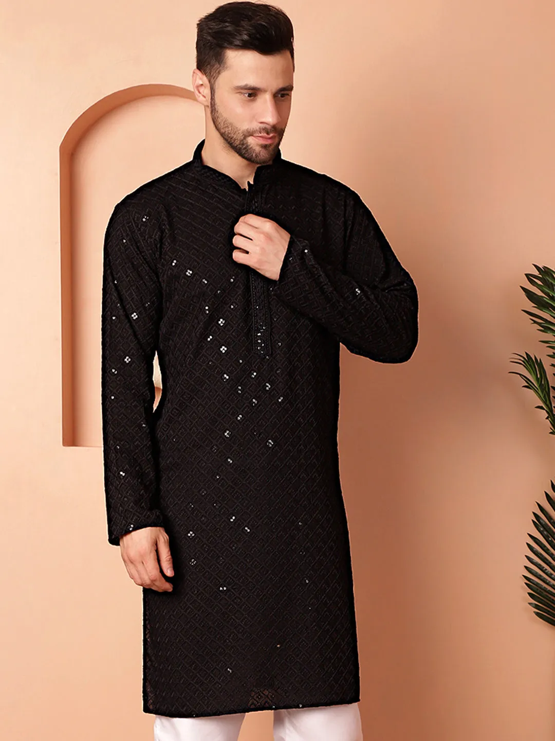 Men'S Black Embroidered And Sequence Kurtas