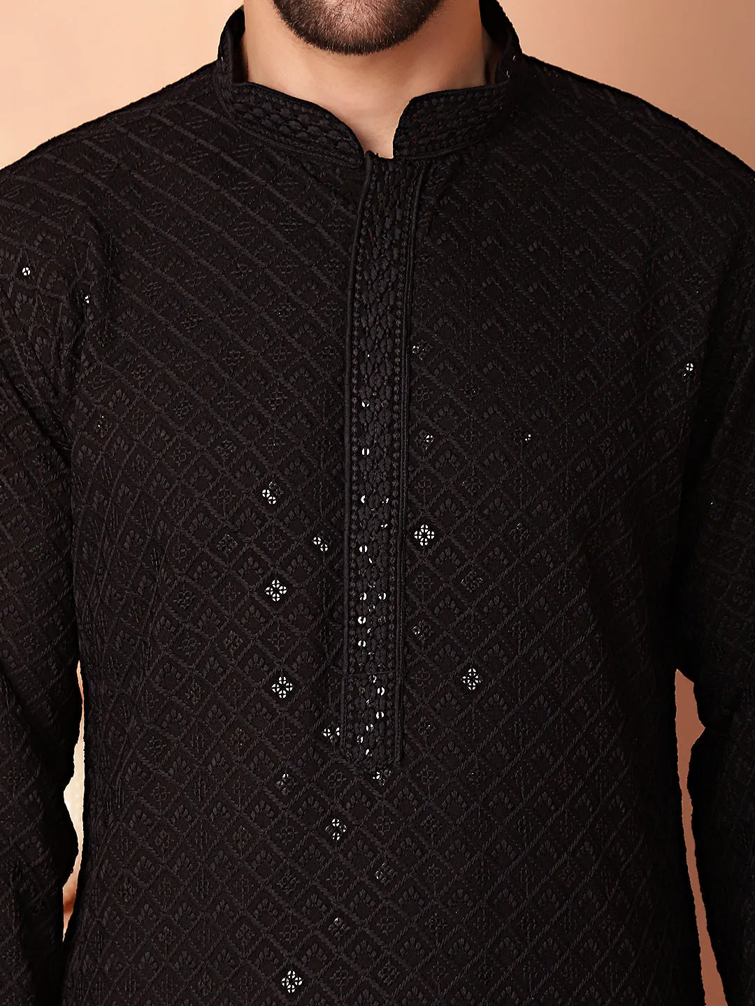 Men'S Black Embroidered And Sequence Kurtas