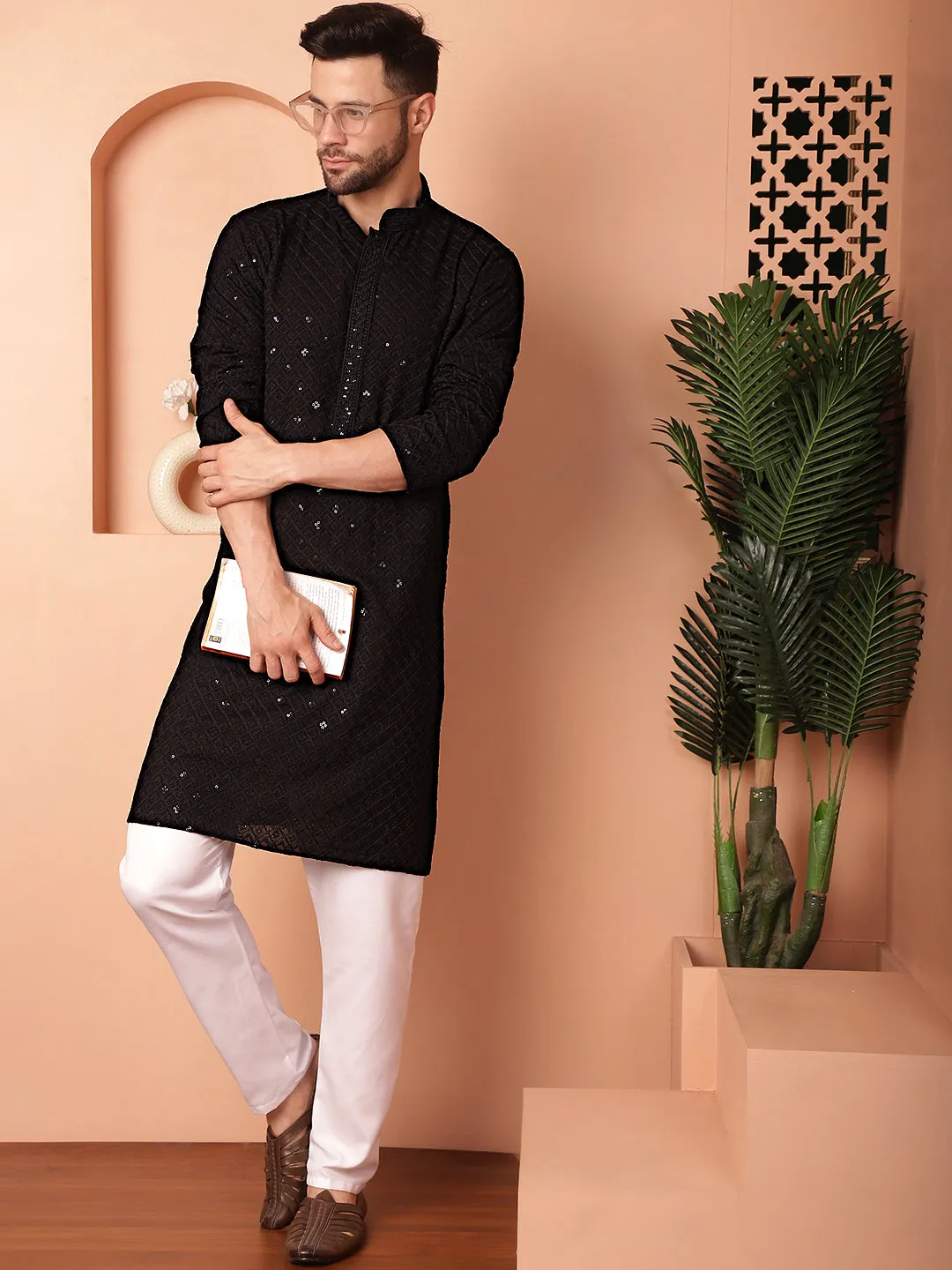 Men'S Black Embroidered And Sequence Kurtas