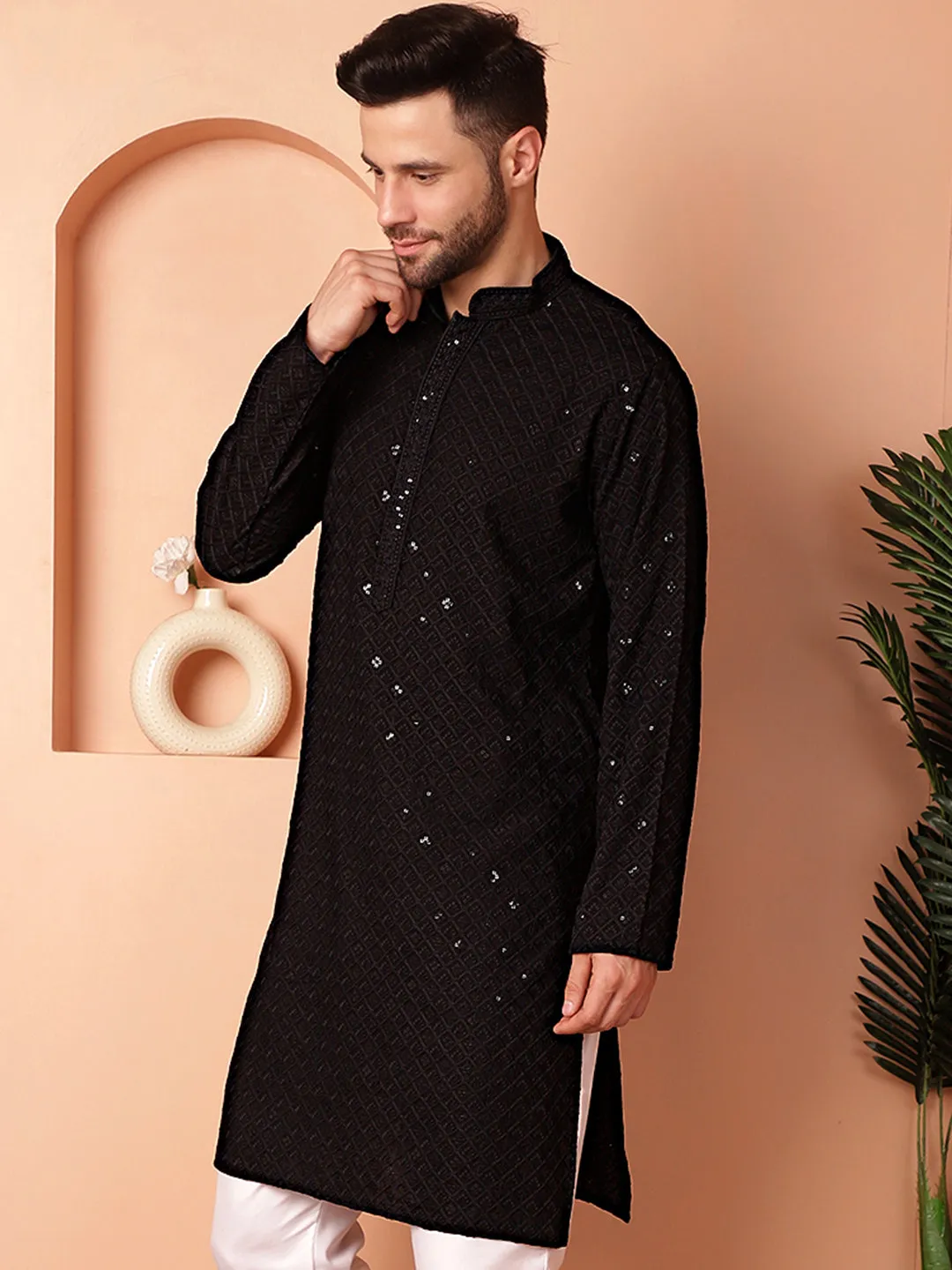 Men'S Black Embroidered And Sequence Kurtas