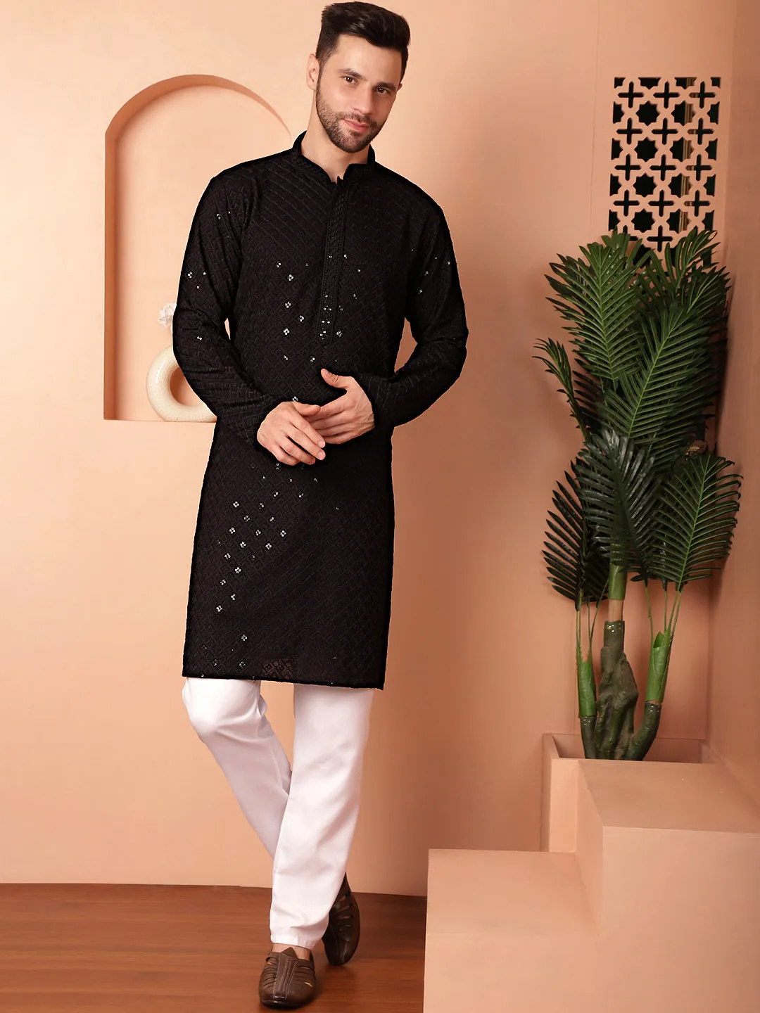 Men'S Black Embroidered And Sequence Kurtas