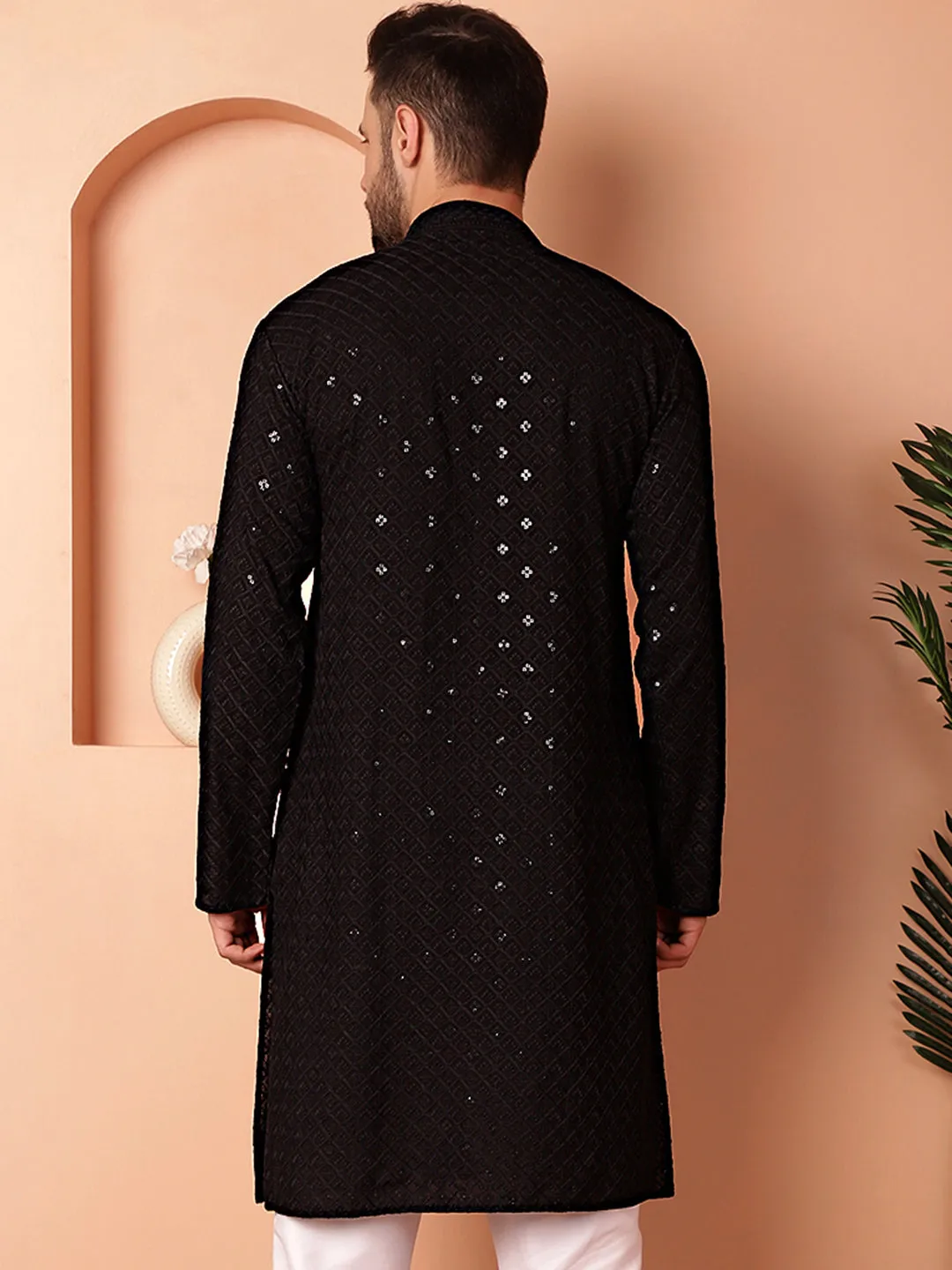 Men'S Black Embroidered And Sequence Kurtas