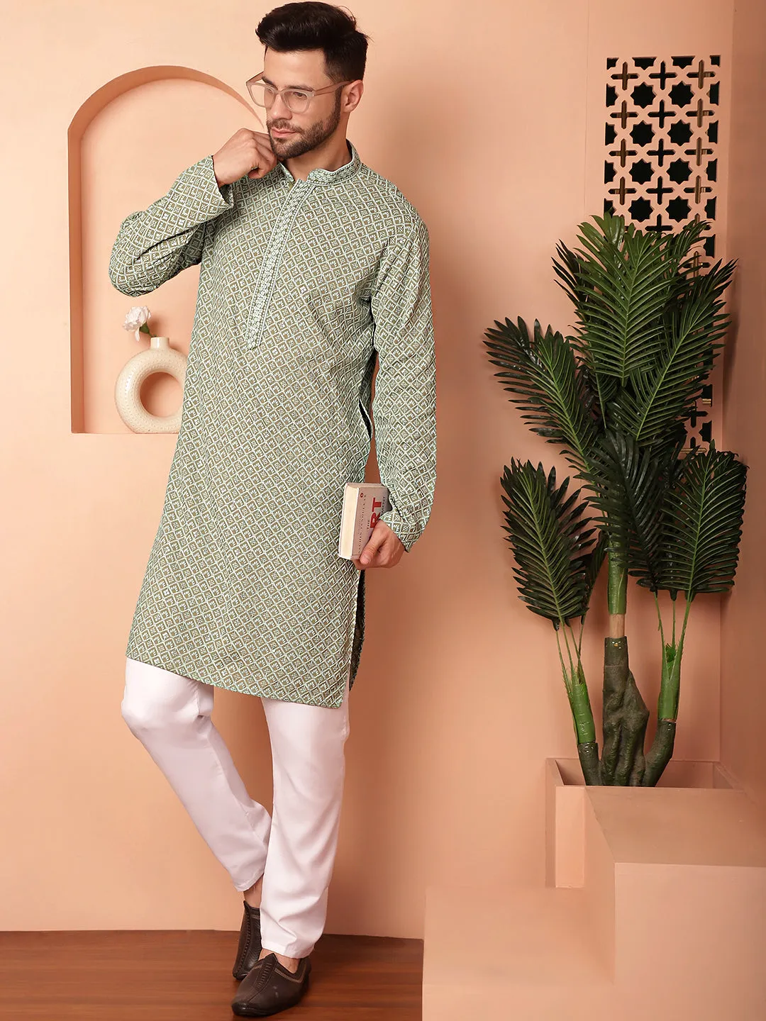 Men'S Green Embroidered And Sequence Kurtas