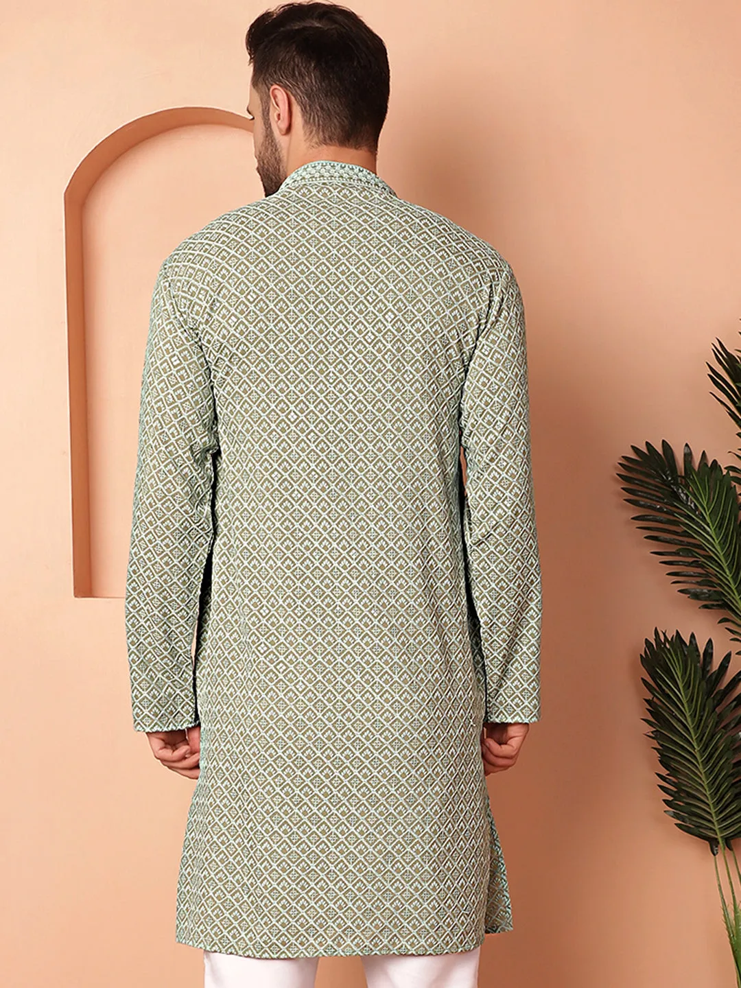 Men'S Green Embroidered And Sequence Kurtas