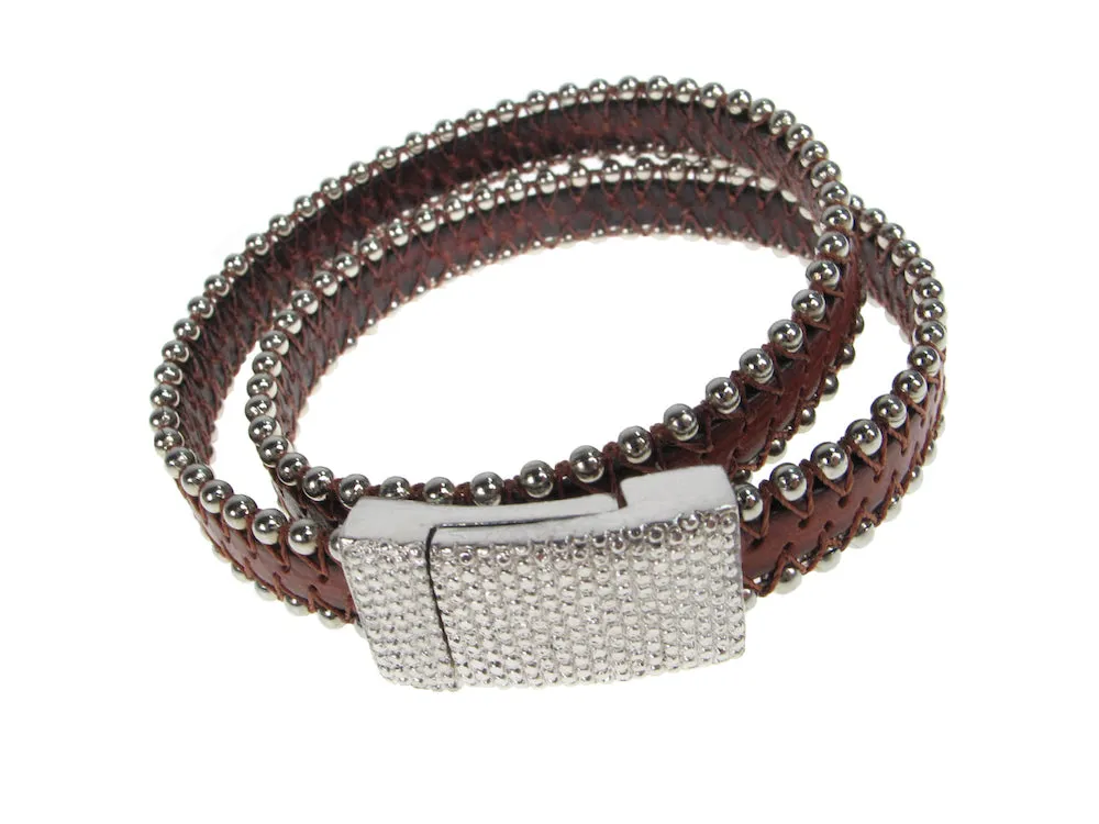 Men's Leather Bracelet | Beaded Wrap with Magnetic Clasp