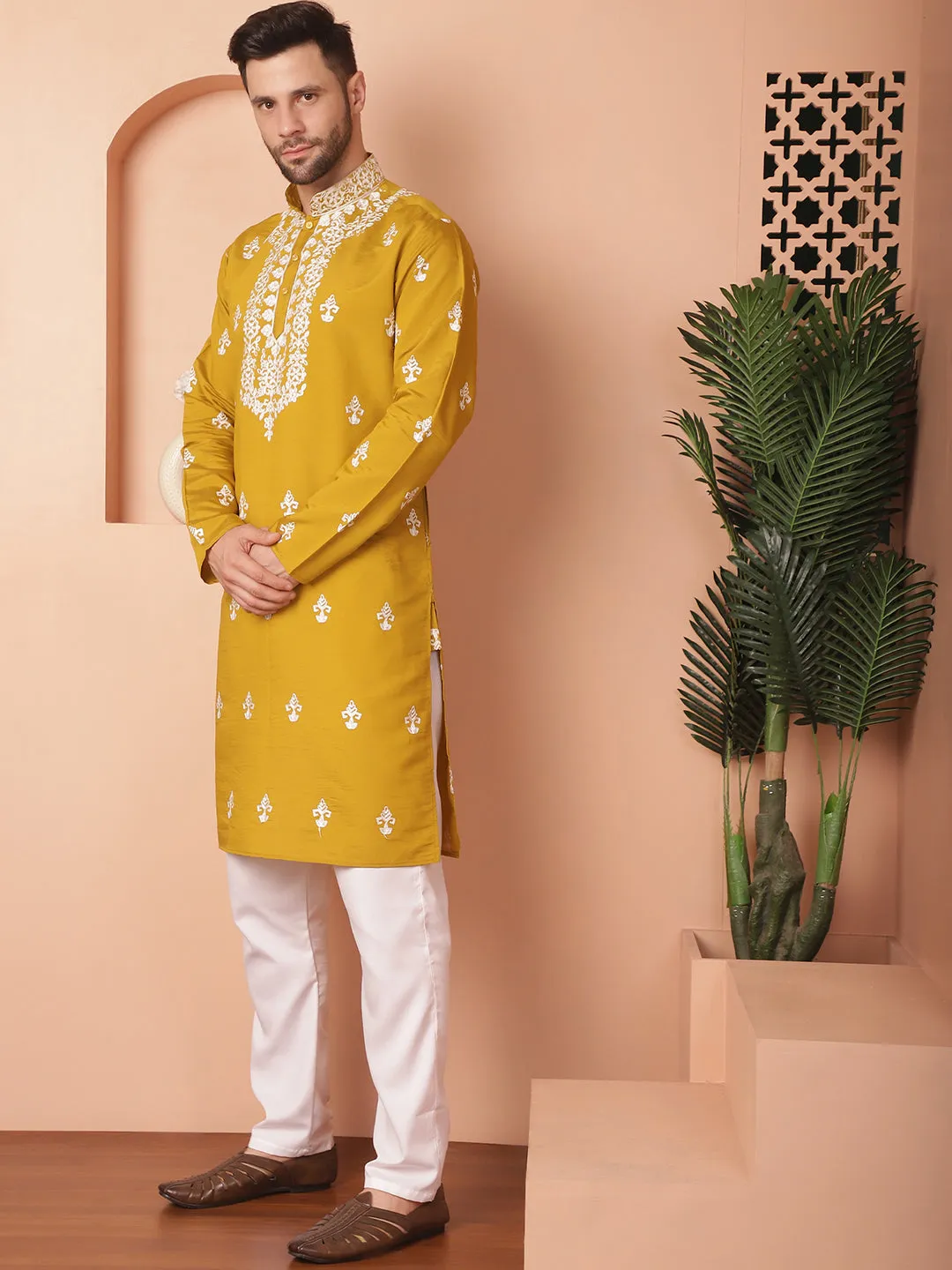 Men'S Mustard Chikankari Embroidered Kurta With Pyjama