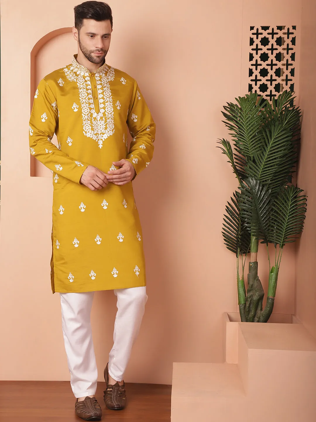 Men'S Mustard Chikankari Embroidered Kurta With Pyjama