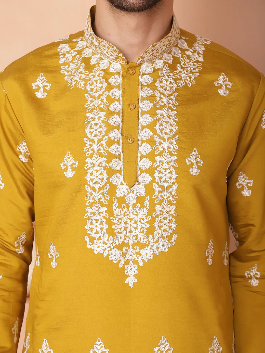 Men'S Mustard Chikankari Embroidered Kurta With Pyjama