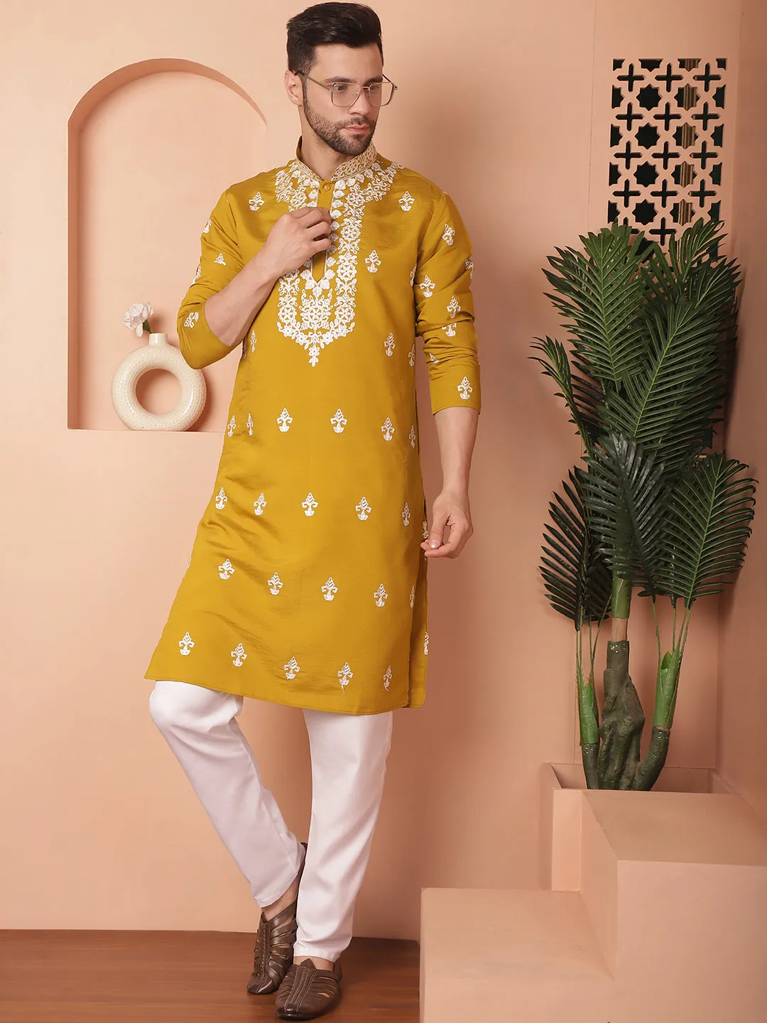 Men'S Mustard Chikankari Embroidered Kurta With Pyjama