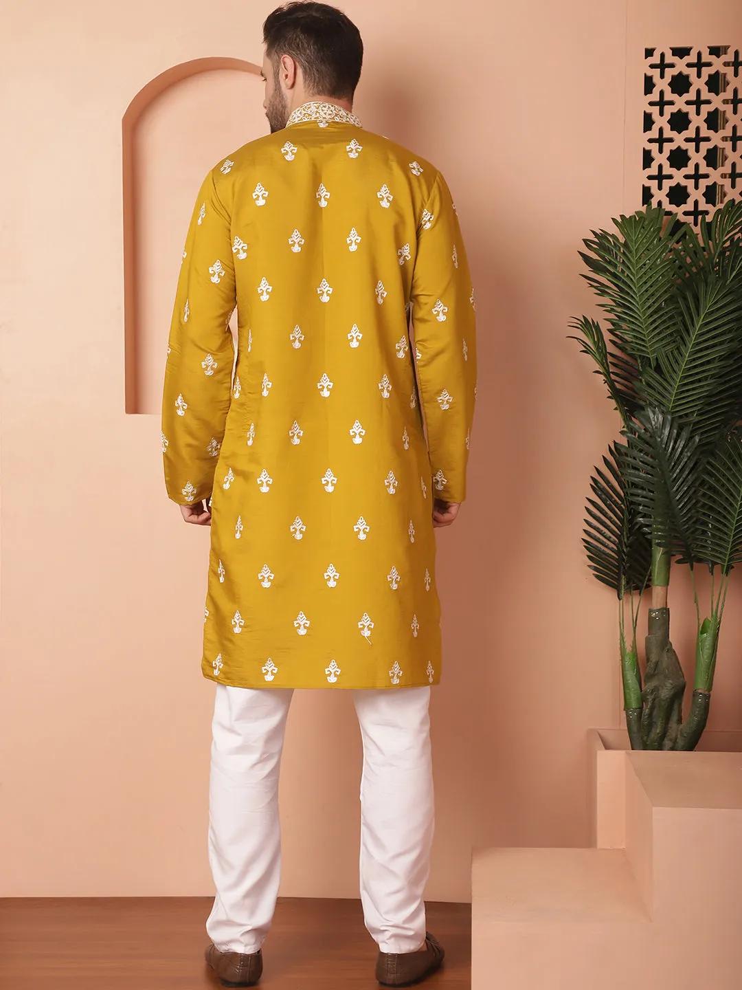 Men'S Mustard Chikankari Embroidered Kurta With Pyjama