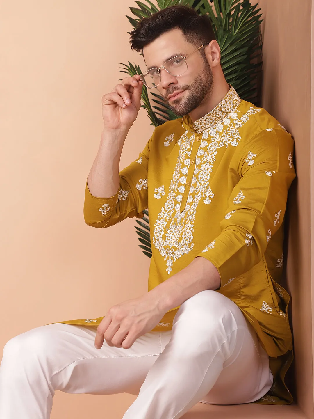 Men'S Mustard Chikankari Embroidered Kurta With Pyjama