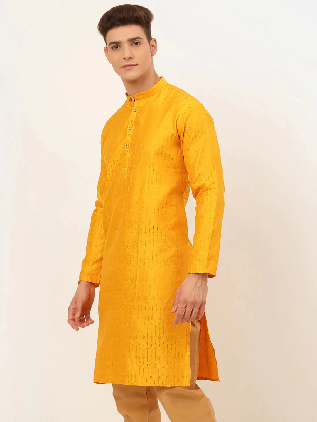 Men'S Mustard Embroidered Kurta Only