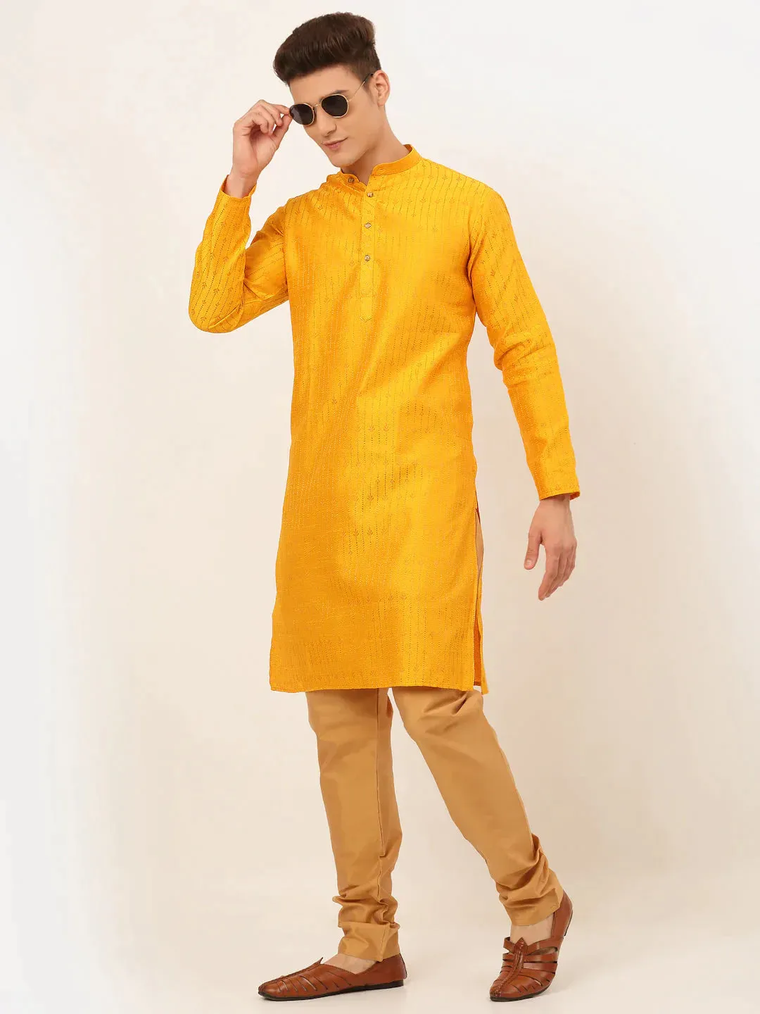 Men'S Mustard Embroidered Kurta Only