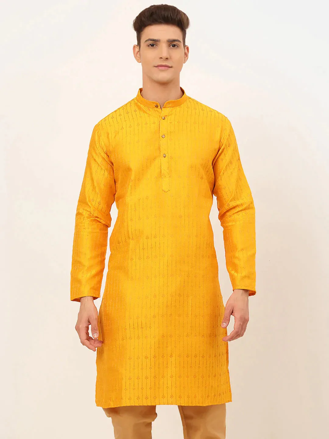 Men'S Mustard Embroidered Kurta Only