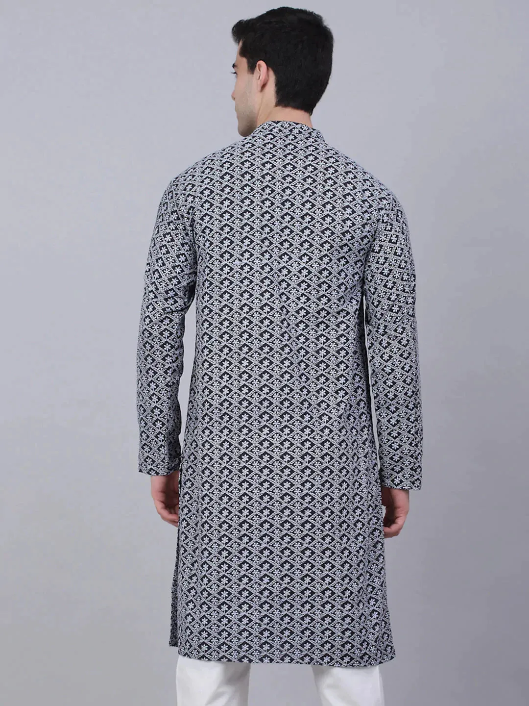 Men'S Navy Blue & White Embroidered Straight Kurtas