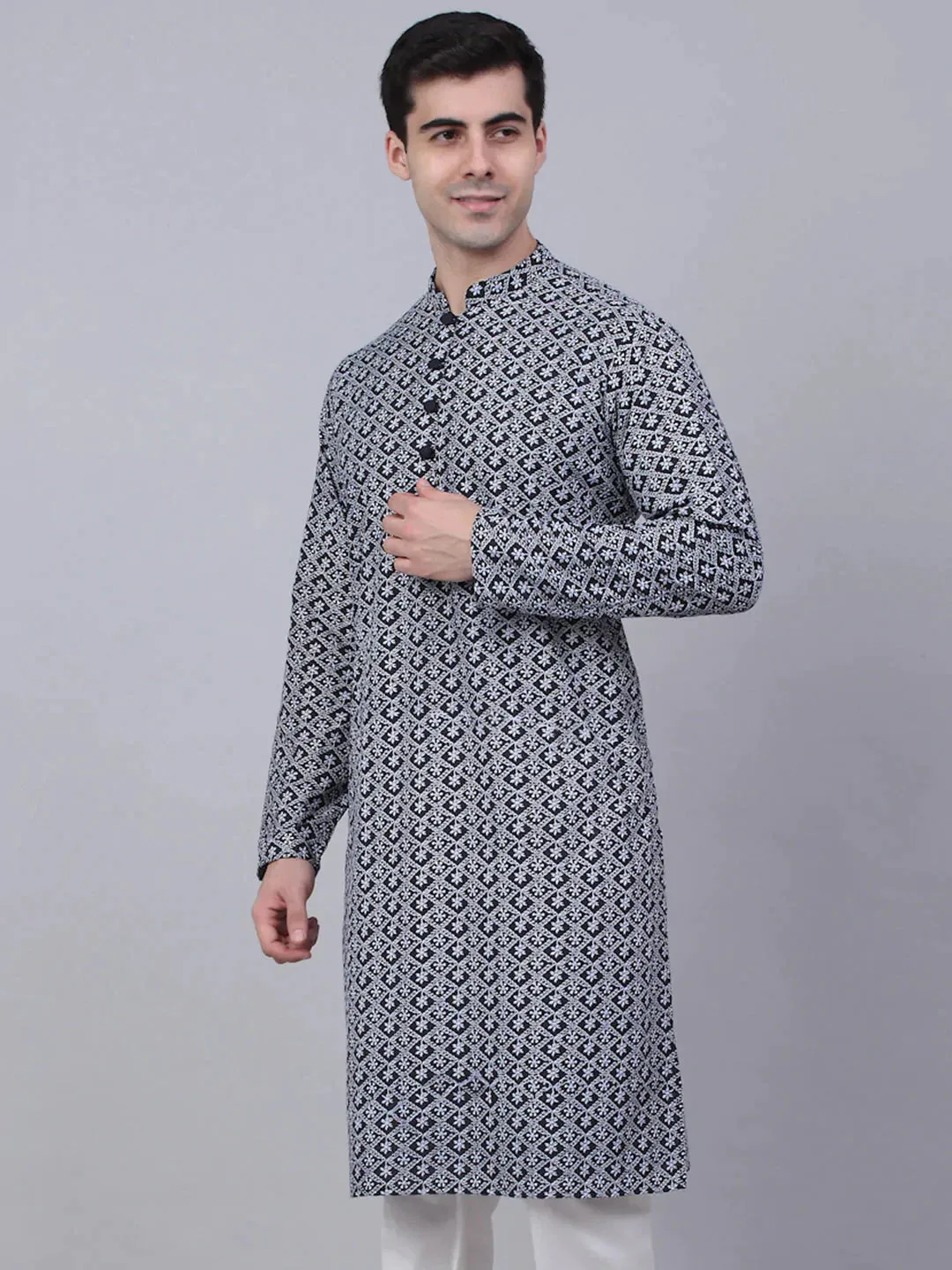 Men'S Navy Blue & White Embroidered Straight Kurtas