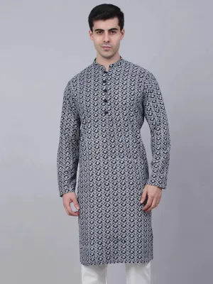 Men'S Navy Blue & White Embroidered Straight Kurtas