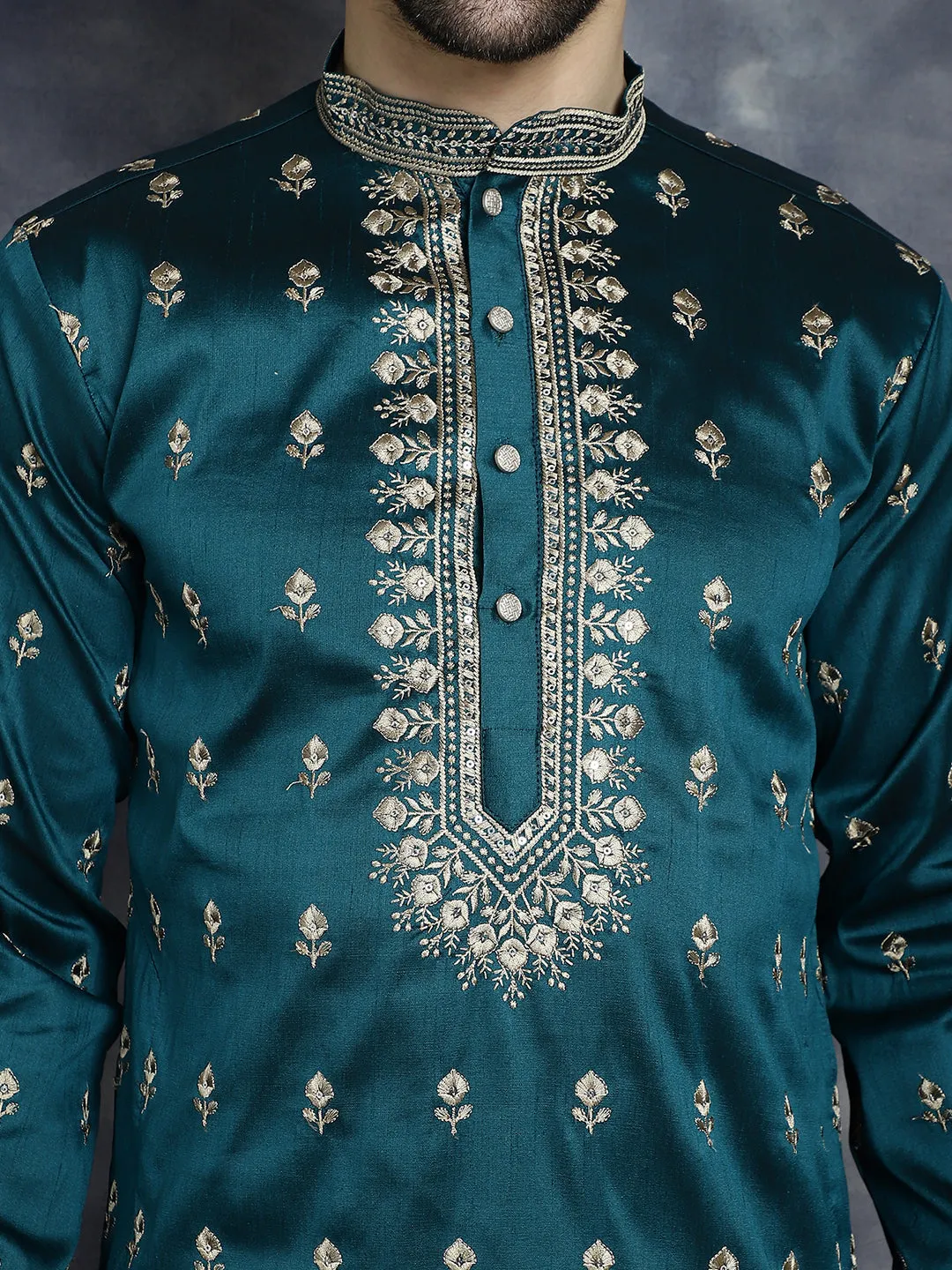 Men'S Peacock Blue Chikankari Embroidered Kurta With Pyjama