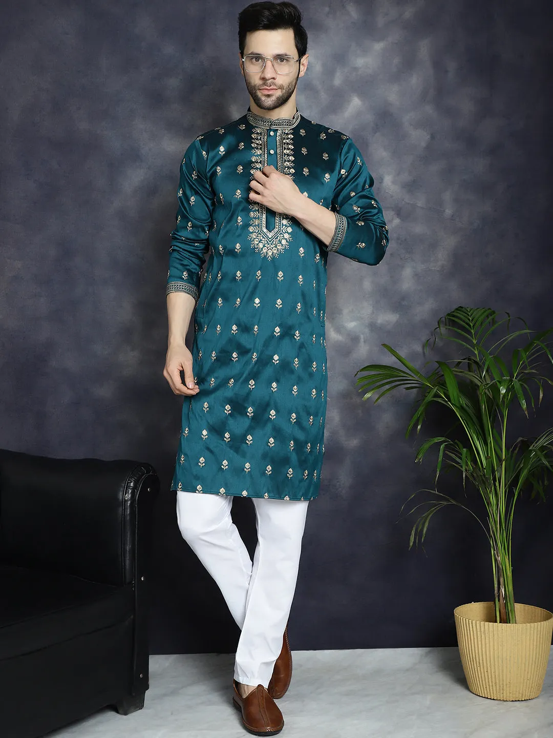 Men'S Peacock Blue Chikankari Embroidered Kurta With Pyjama