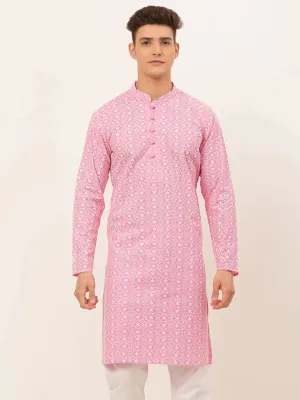 Men'S Pink & White Embroidered Straight Kurtas