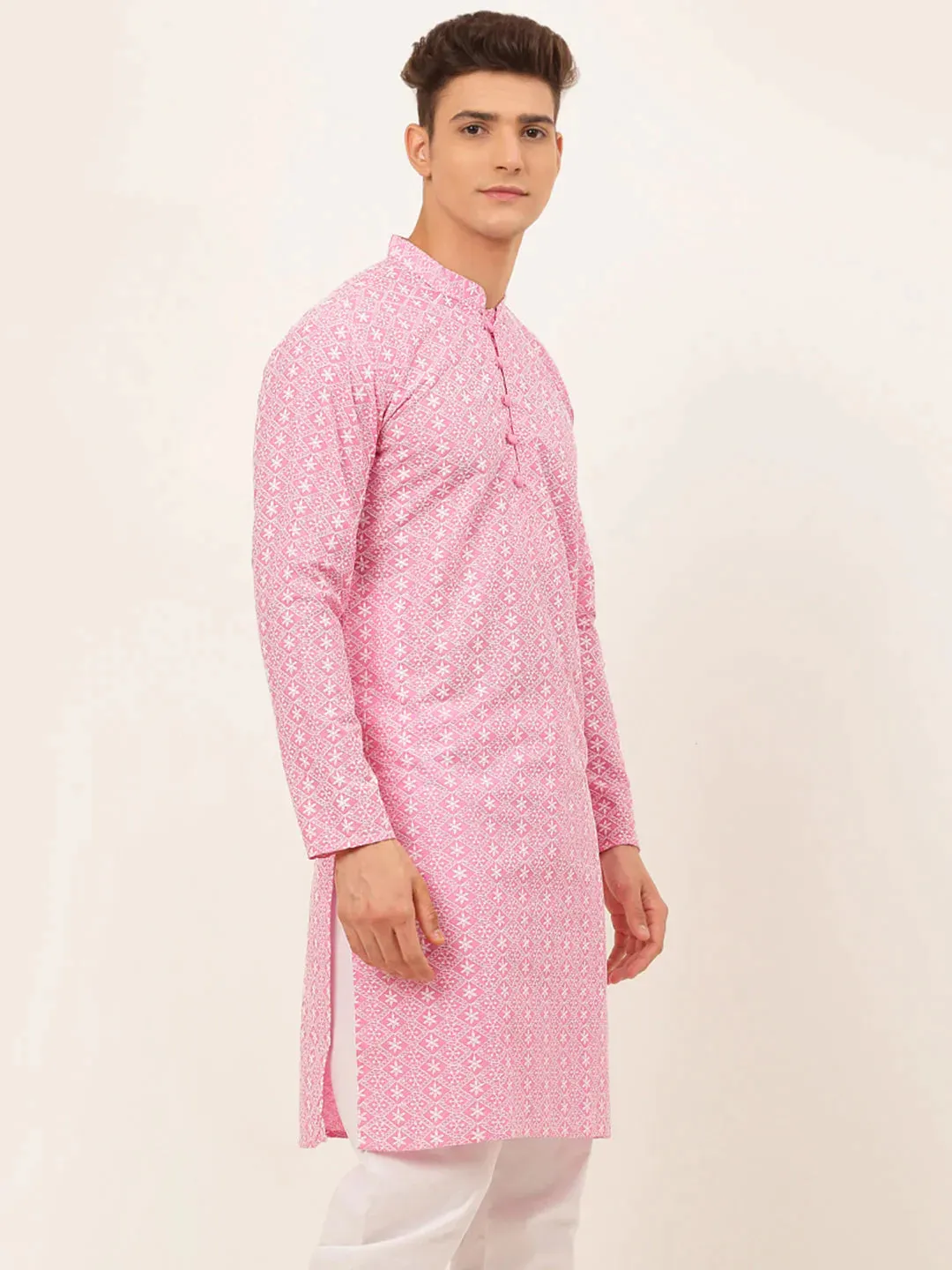 Men'S Pink & White Embroidered Straight Kurtas