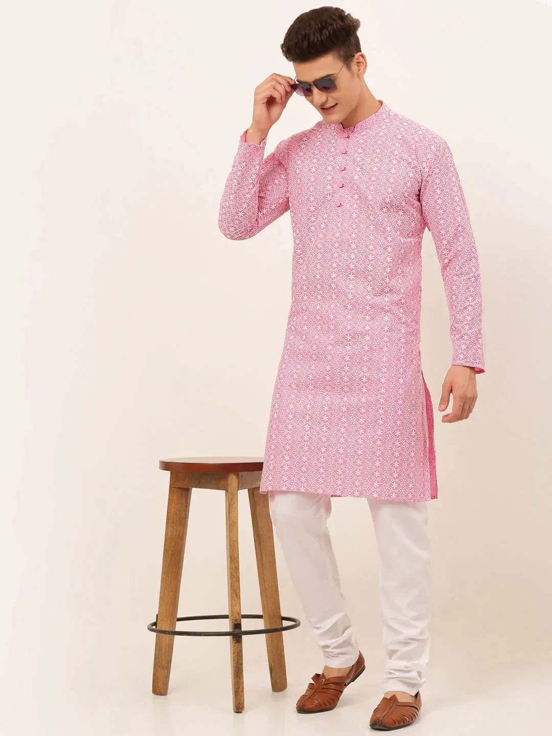 Men'S Pink & White Embroidered Straight Kurtas