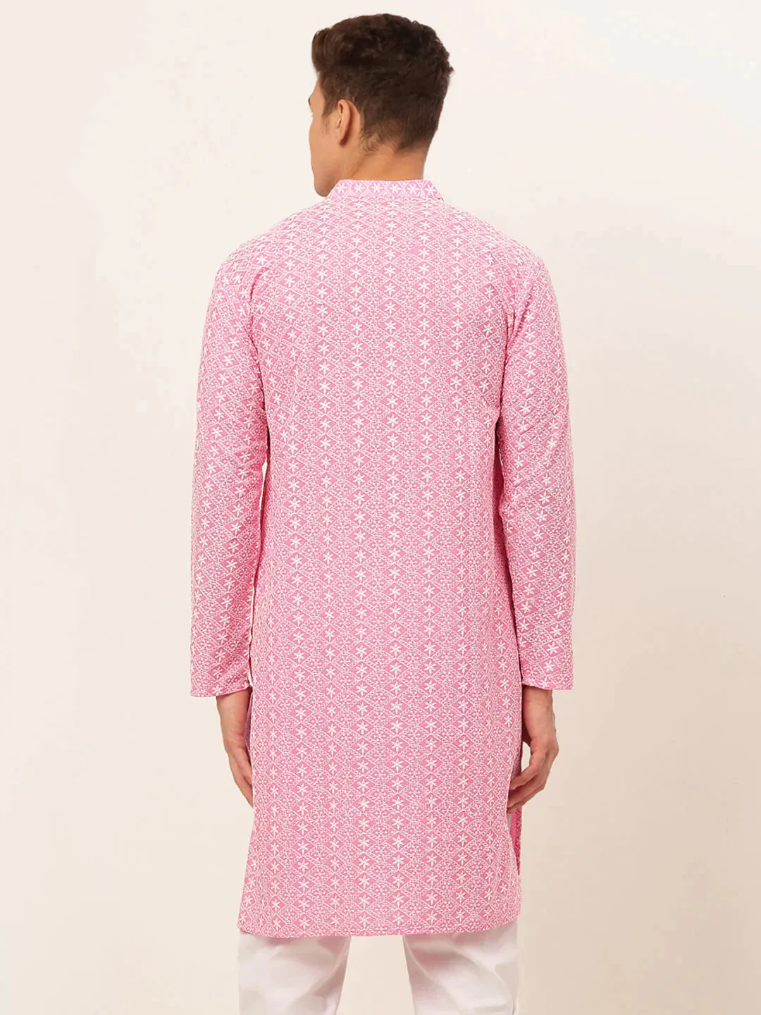 Men'S Pink & White Embroidered Straight Kurtas