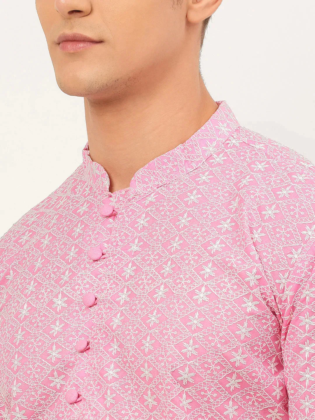 Men'S Pink & White Embroidered Straight Kurtas