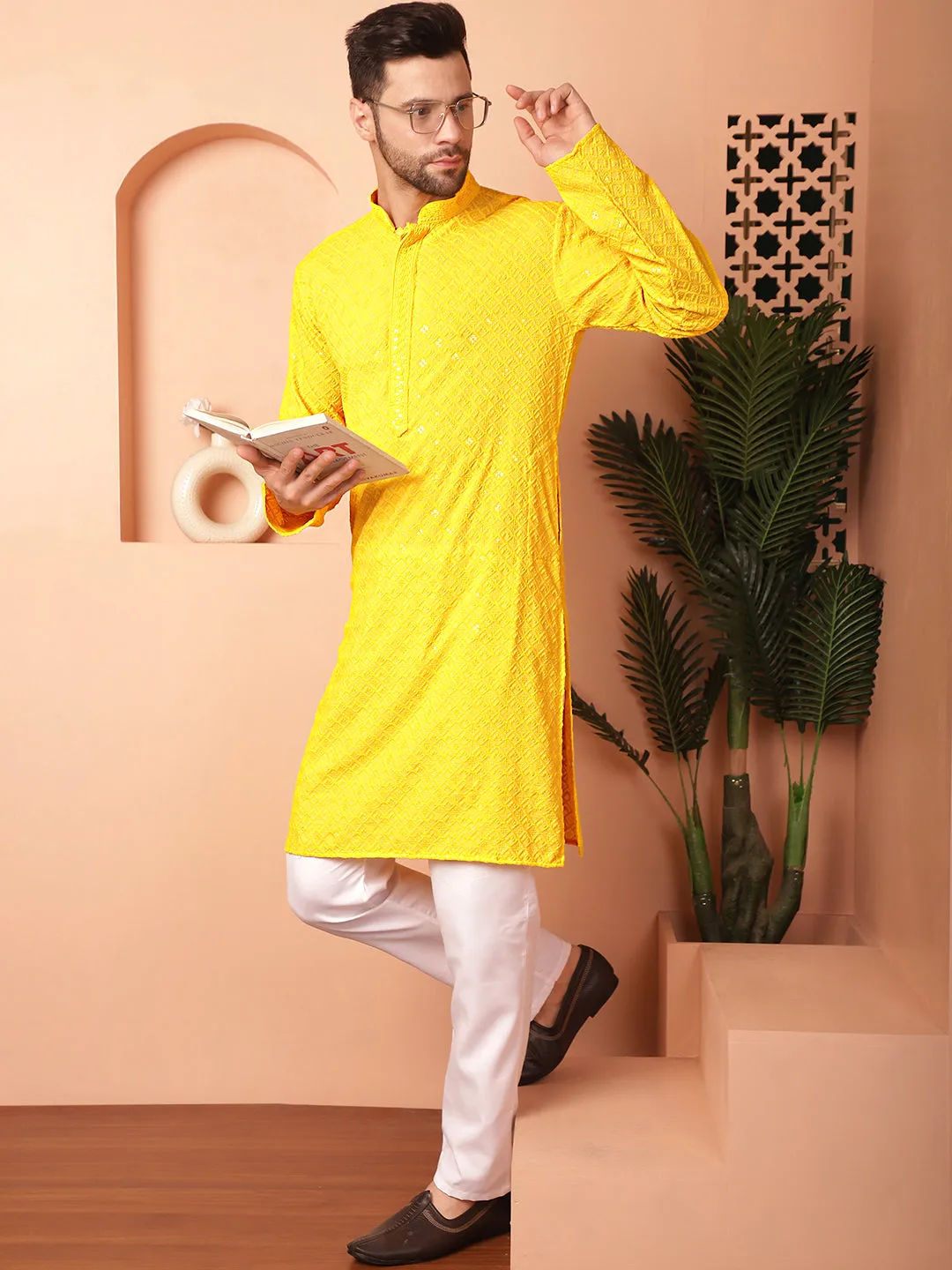 Men'S Yellow Embroidered And Sequence Kurta With Pyjama