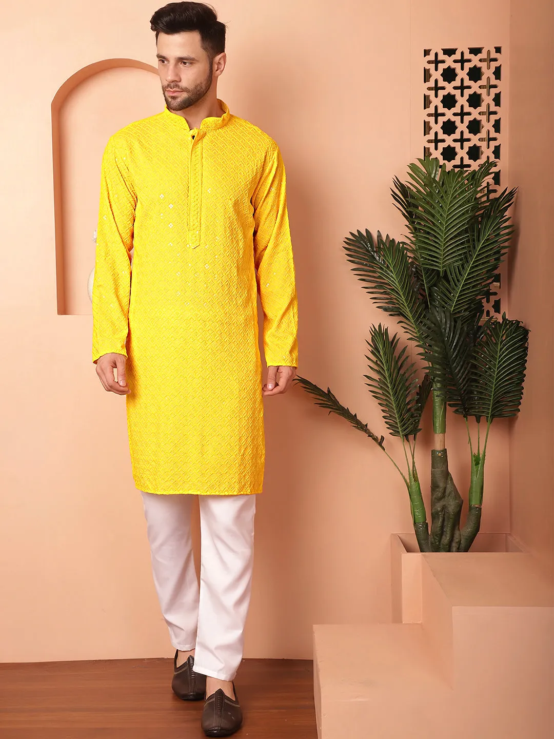 Men'S Yellow Embroidered And Sequence Kurta With Pyjama