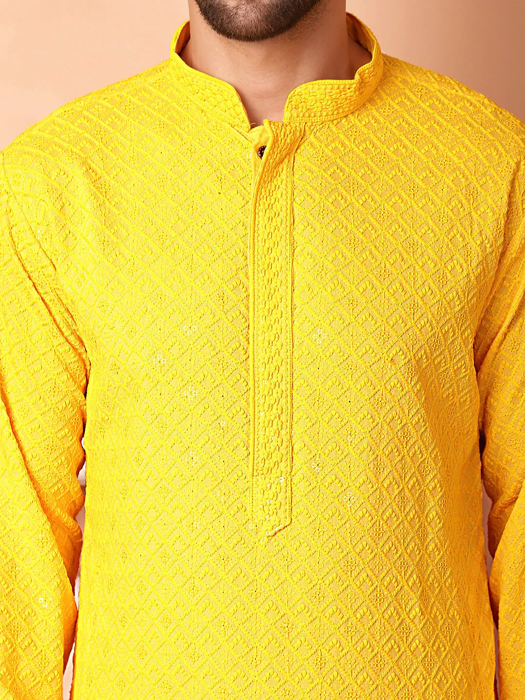 Men'S Yellow Embroidered And Sequence Kurta With Pyjama