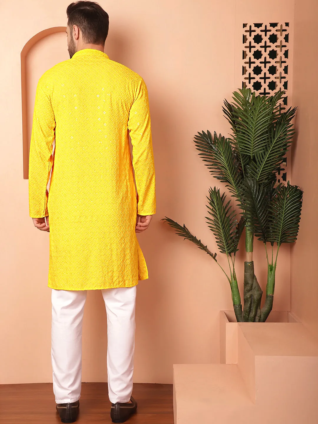 Men'S Yellow Embroidered And Sequence Kurta With Pyjama