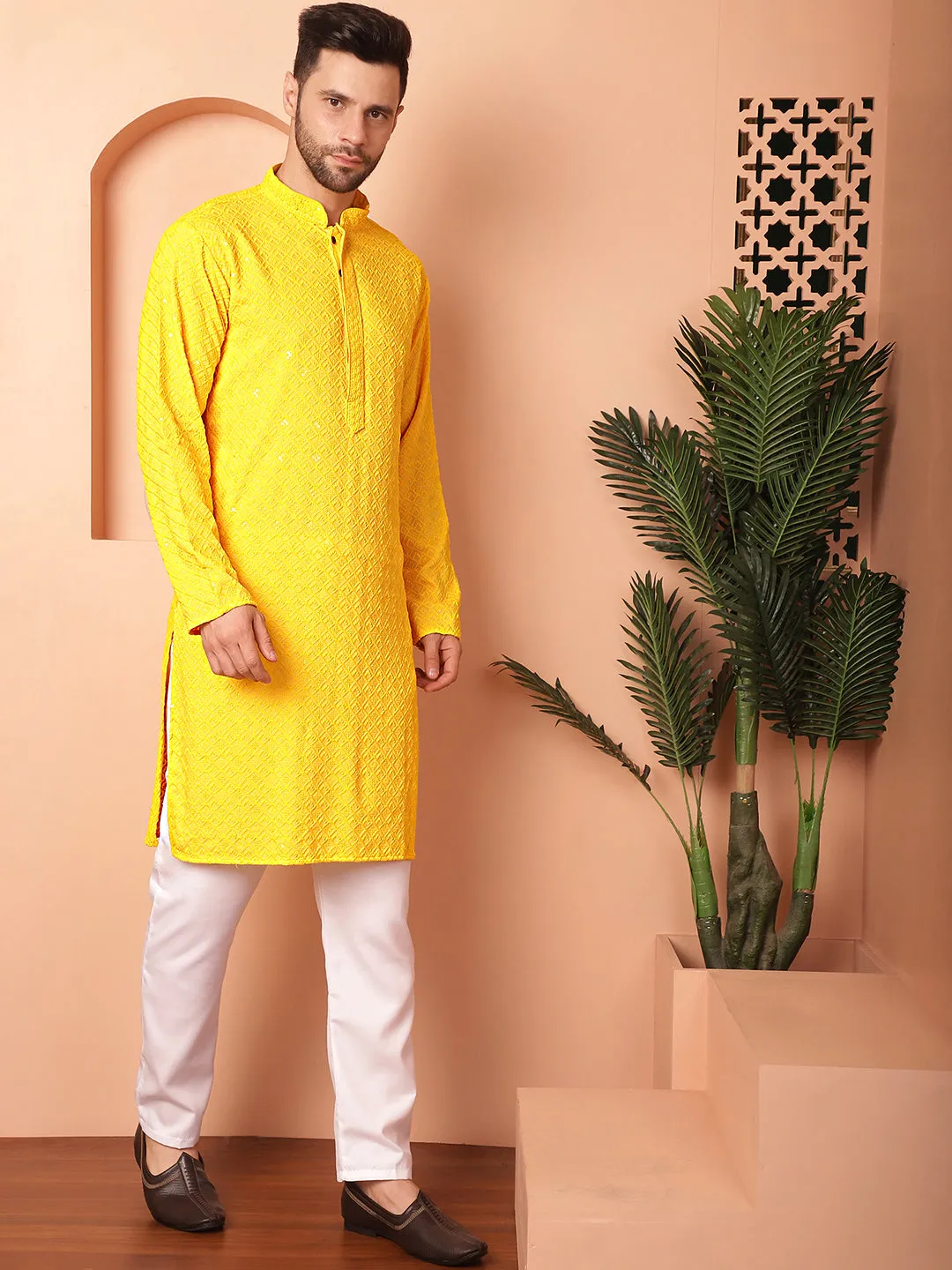 Men'S Yellow Embroidered And Sequence Kurta With Pyjama