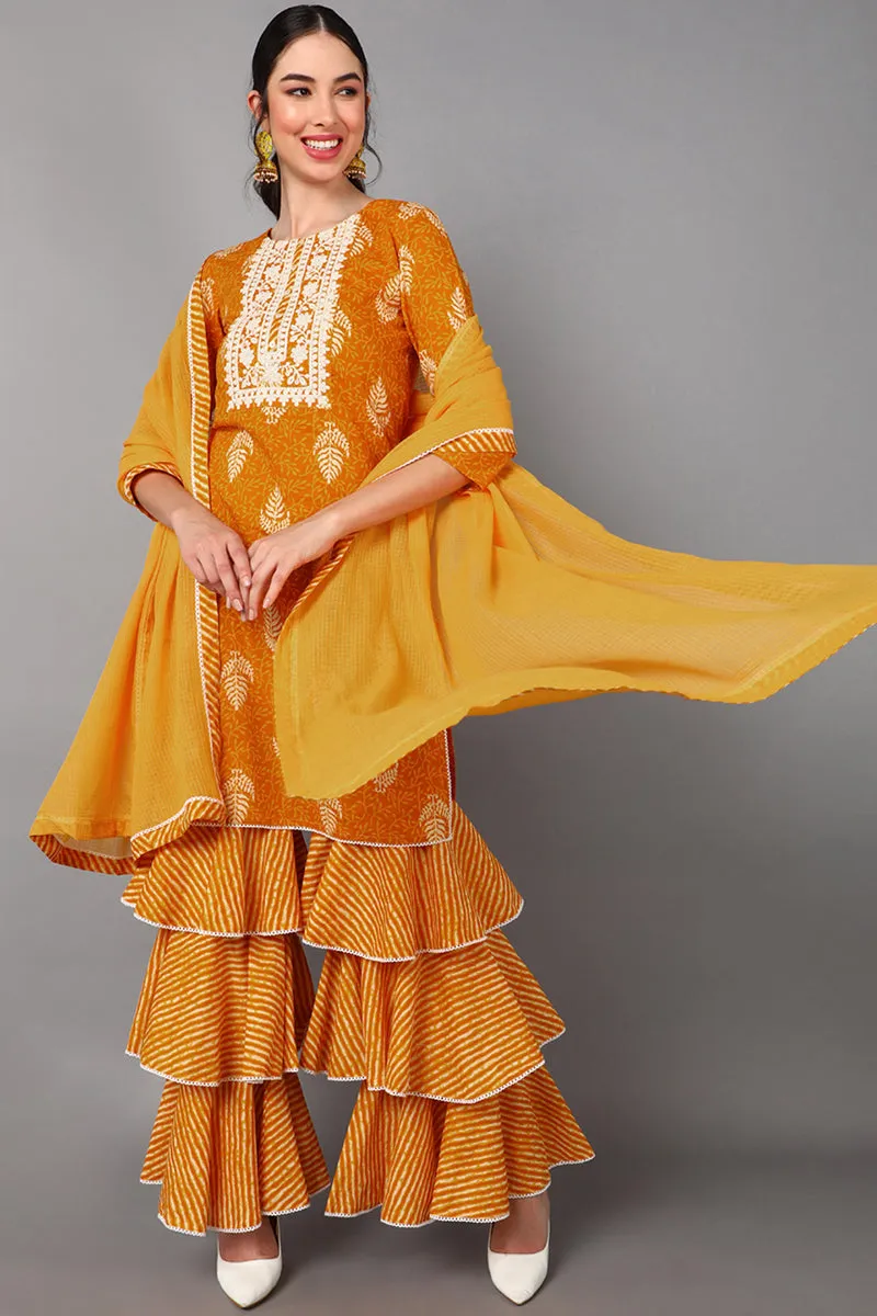 Mustard Cotton A-Line Kurta Sharara with Dupatta Set