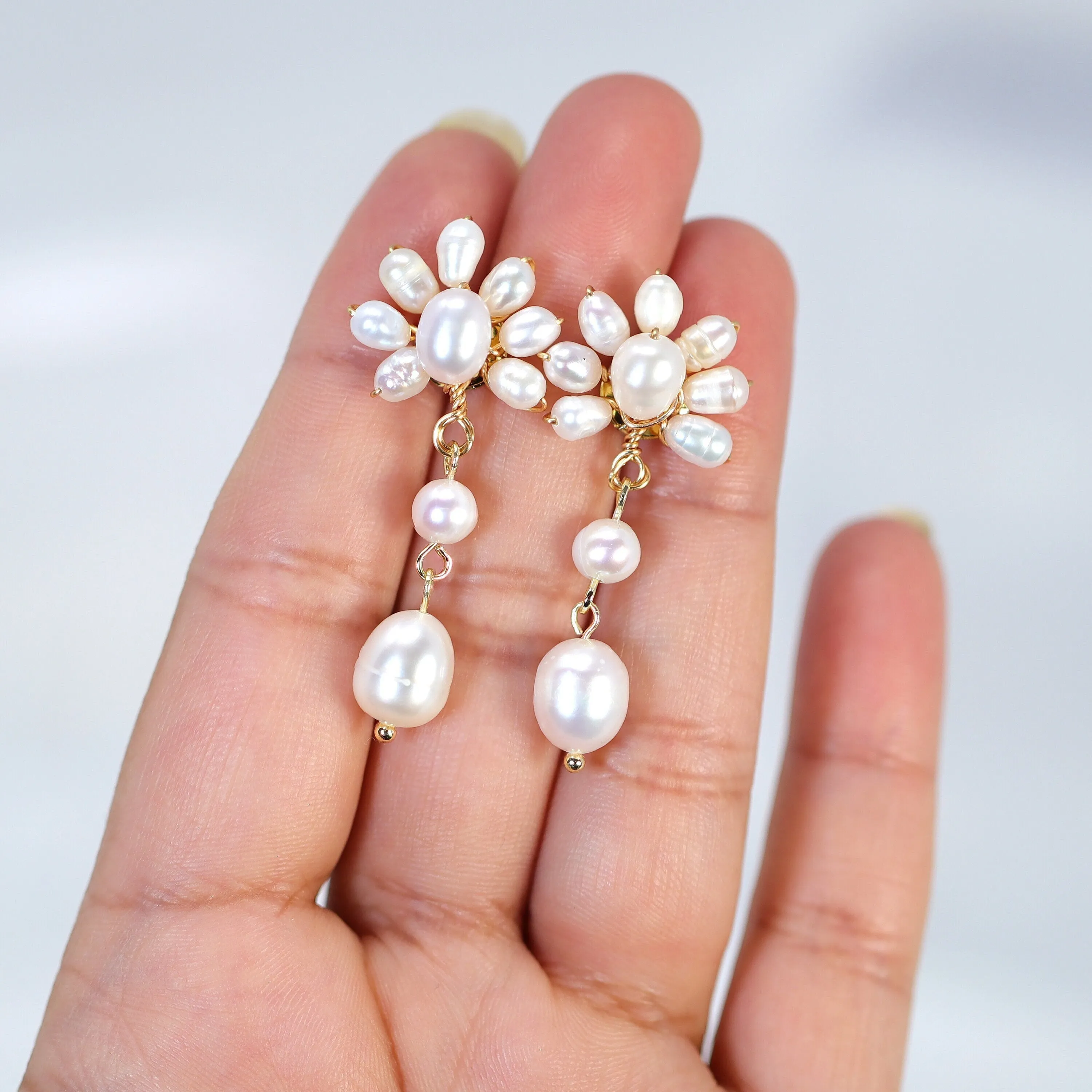 Natural Freshwater Pearl Flower Pearl Drop Earrings, Bridal Jewelry, Pearl Statement Earrings Cz