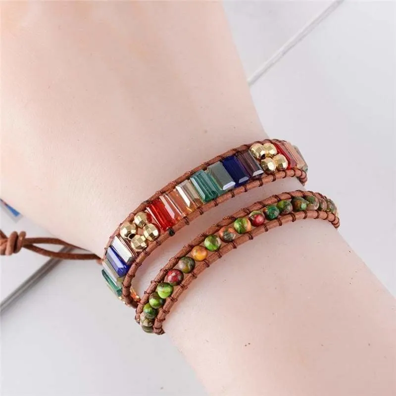 Natural Stone Bead Handmade Crystal Leather Bracelet Wrap