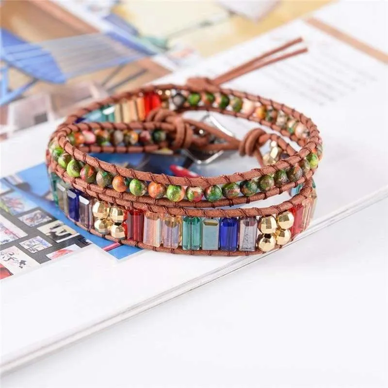 Natural Stone Bead Handmade Crystal Leather Bracelet Wrap