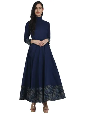 Navy Blue Full Sleeve Cotton Floor Length Anarkali Kurta With Closed Neck