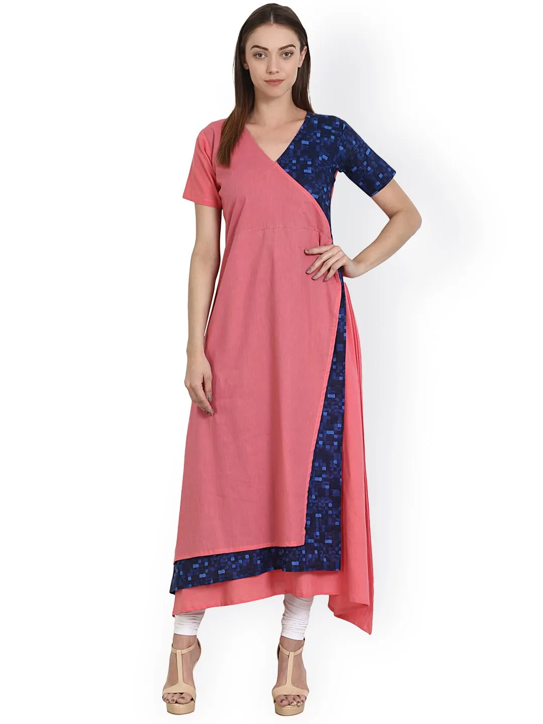 Peach & Blue Printed Half Sleeve Cotton A-Line Kurta With Triple Layer Impression