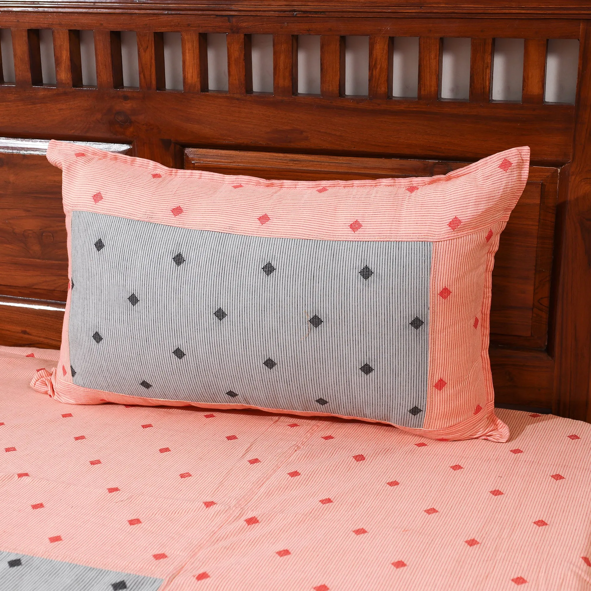 Peach - Jacquard Patchwork Cotton Double Bed Cover with Pillow Covers