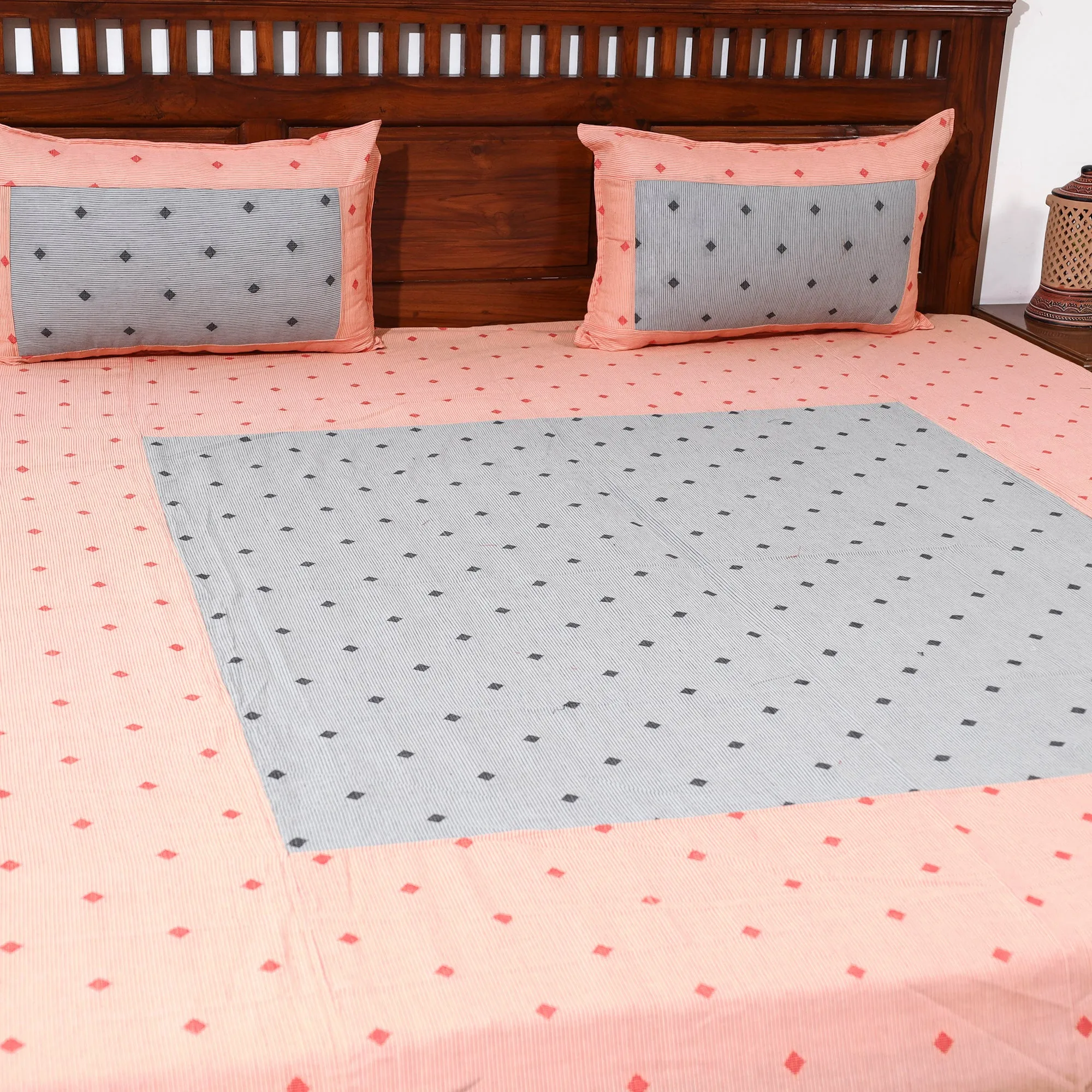 Peach - Jacquard Patchwork Cotton Double Bed Cover with Pillow Covers