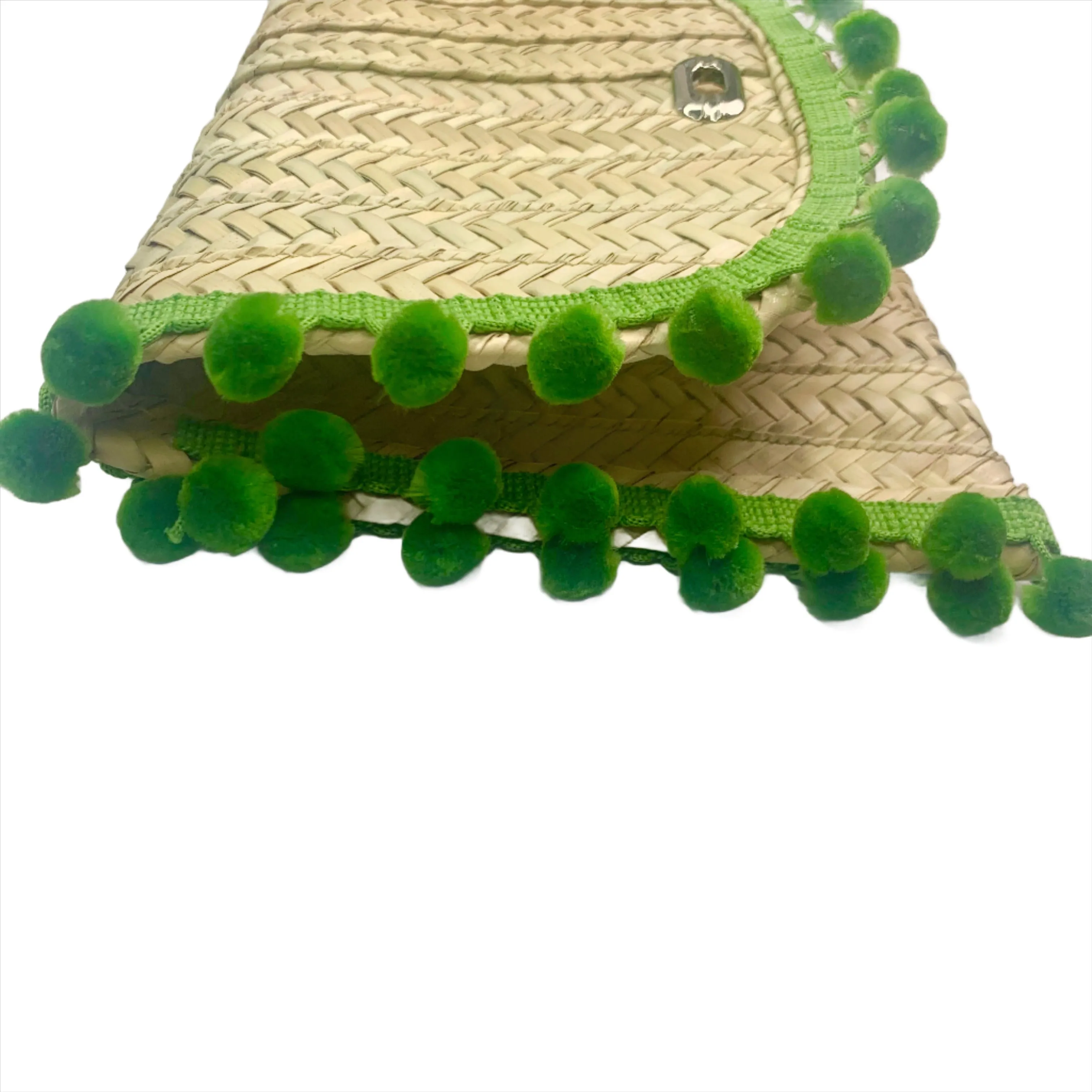 Penelope Green Pom Pom Trim Straw Clutch