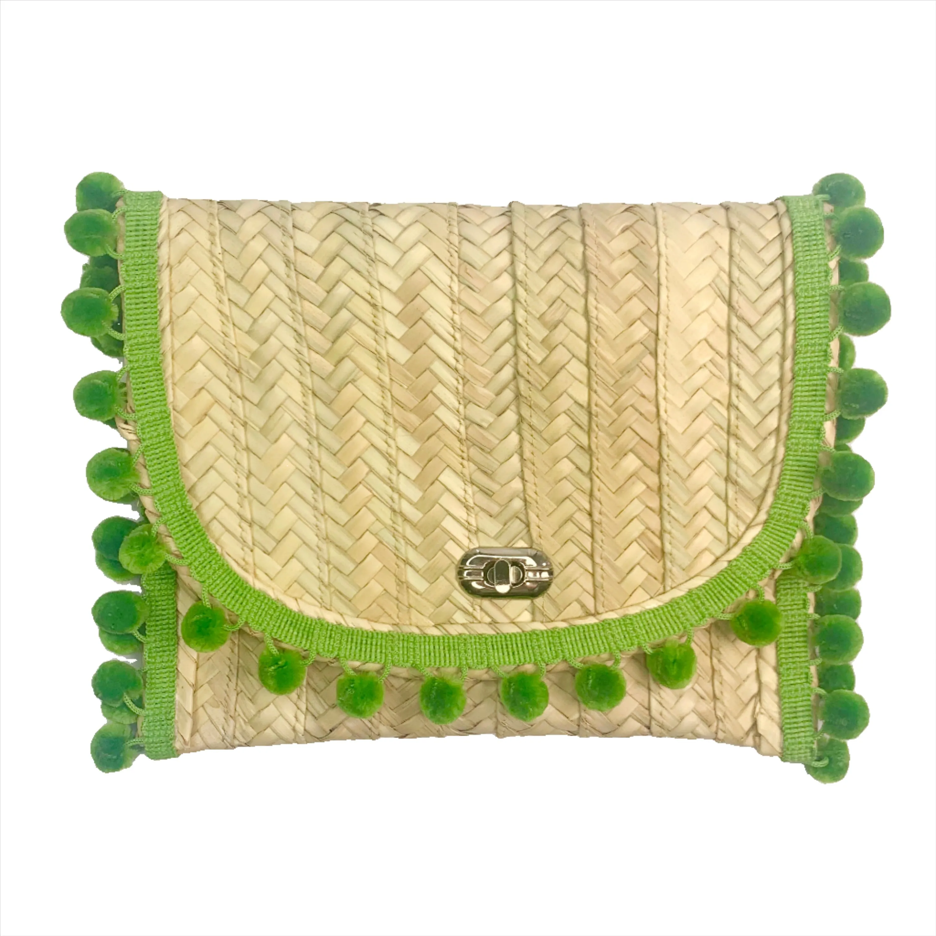 Penelope Green Pom Pom Trim Straw Clutch