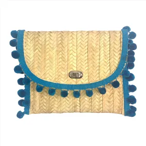 Penelope Teal Pom Pom Trim Straw Clutch