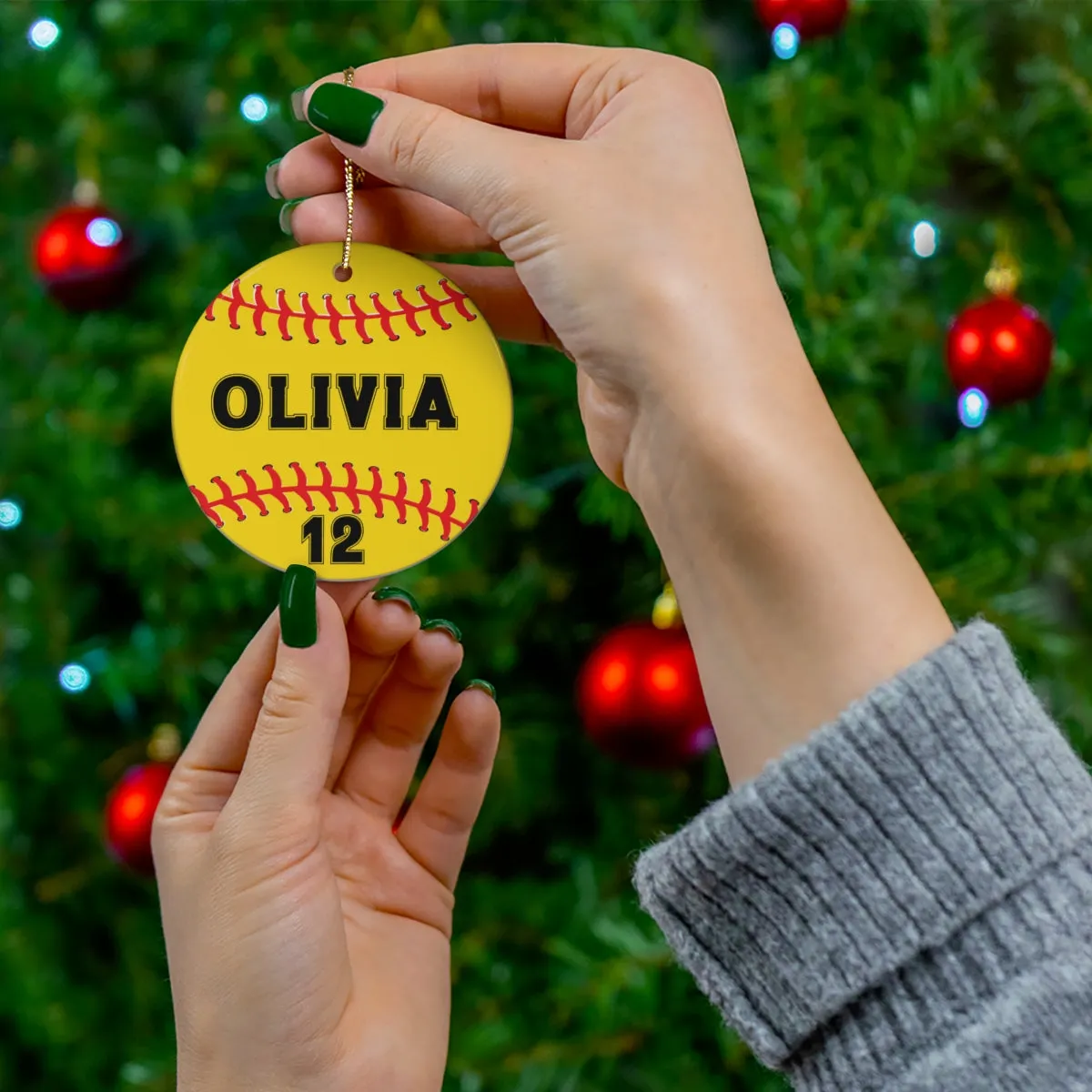 Personalized Yellow Softball Christmas Ornament